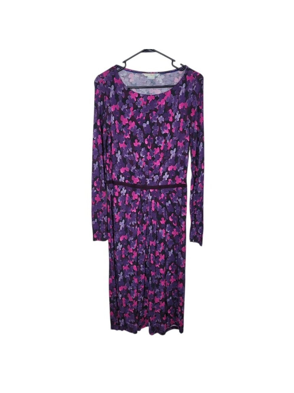 Boden Wine Purple Pink Midi Dress Cinched Waistline Sz 8R Floral Dark Preppy
